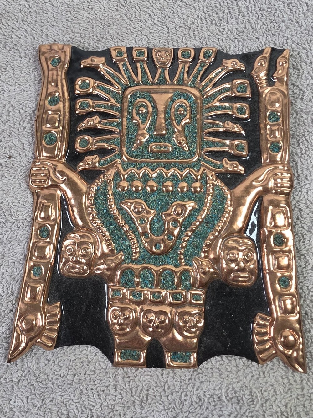 Handcrafted  Peruvian And Pre- Inca Copper and Teal Wall Plaque